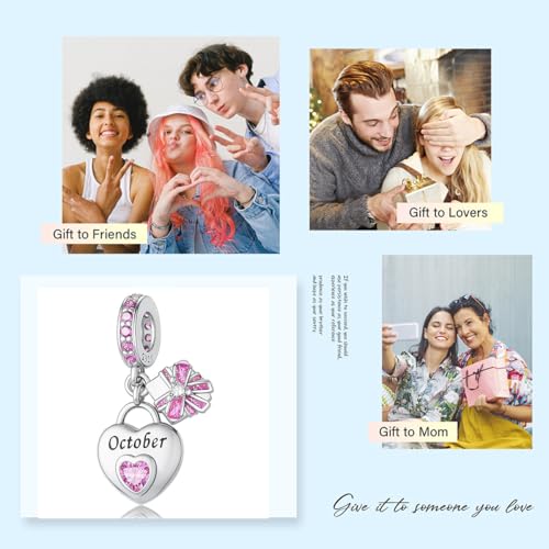 Love Heart Birthstone Dangle Charms Compatible with Pandora Bracelets | 925 Sterling Silver 5A Cubic Zirconia Mother's Day Christmas Birthday Birthstone Gifts Bead Charm Pendants Women Jewelry - color: October Dangle Birthstone Charms