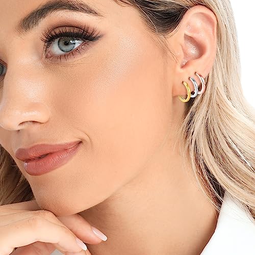 3 Pairs 925 Sterling Silver Hoop Earrings 14K White Gold Plated Small Silver Hoops Cartilage Huggie Earrings for Women Men - color: G-3 Colors 10mm