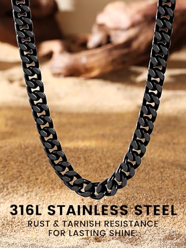 Bestyle Thick Stainless Steel Mens Cuban Link Chain, Black/Gold Chain for Men, No Tarnish & Durable Men Chain Necklace, 5/7/9/12mm Wide, 18"-30" Long, Gift Package - style: c. 9mm-Black