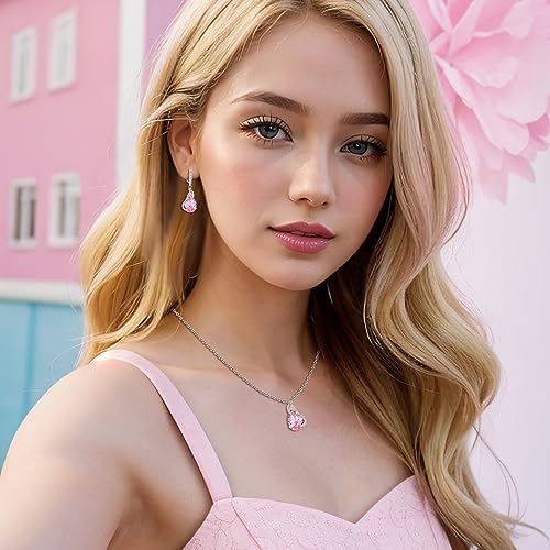 EVER FAITH Wedding Jewelry Set for Bride Bridesmaid, Glamour Teardrop Cubic Zirconia Pendant Necklace Earrings Tennis Bracelet Open Ring Sets for Birthday/Valentine's Day/Mother's Day/Christmas - color: A_Pink Silver-Plated-Brass