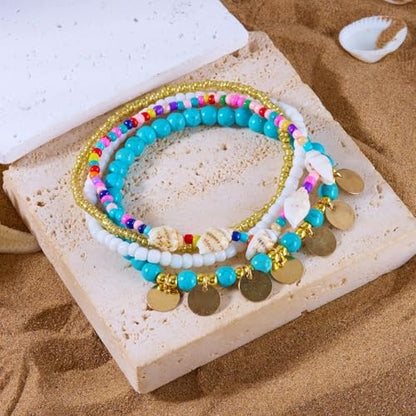 Boho Shell Ankle Bracelet Set for Women Gold Plated Adjustable Anklet Beach Inspired Foot Jewelry with Starfish & Pearl Charms - color: F