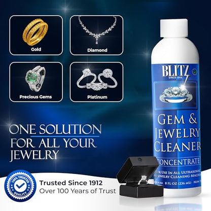 Blitz Gem & Jewelry Cleaner Concentrate Refill for Ultrasonic Machines 8 oz | Liquid Concentrate for Gold, Silver, & Platinum Jewelry Cleans Non-Porous. - size: 8 Ounce (Pack of 1)