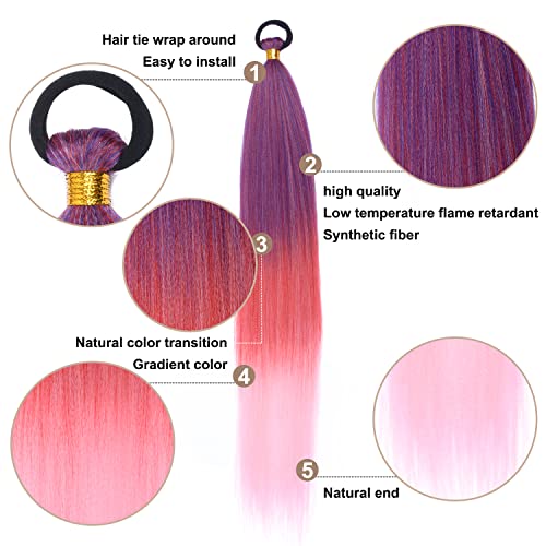 2 Pack Red Gradient 26 Inch Braid Ponytail Extension with Elastic Tie | Ponytail Extension with Elastic Tie Straight Sleek Wrap Around Braid Ponytail , Natural Soft Synthetic Hair Piece for Women - color: Red gradient#（Purple/Red/Pink）, size: 26 Inch（Pack