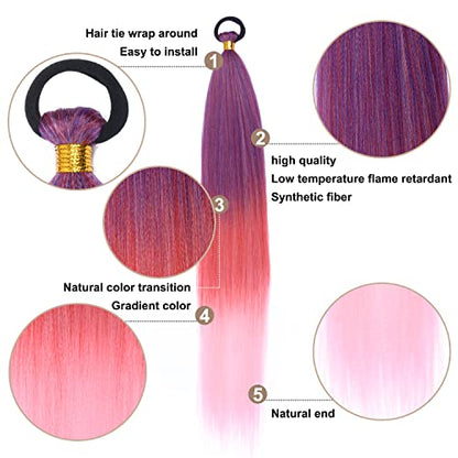 2 Pack Red Gradient 26 Inch Braid Ponytail Extension with Elastic Tie | Ponytail Extension with Elastic Tie Straight Sleek Wrap Around Braid Ponytail , Natural Soft Synthetic Hair Piece for Women - color: Red gradient#（Purple/Red/Pink）, size: 26 Inch（Pack