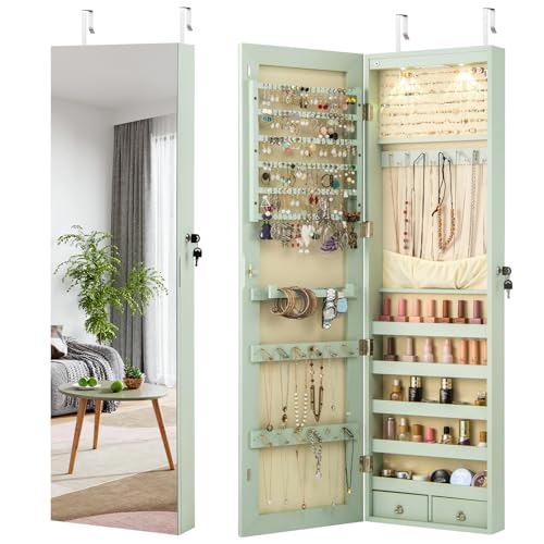 Giantex Wall Door Mounted Jewelry Armoire Cabinet with 47.5" Full Length Mirror, 2 LEDs Lockable Jewelry Organizers and Storage with 2 Drawers, Over the Door Jewelry Organizer Cabinet (Sage) - color: Sage, size: 47.5'' H