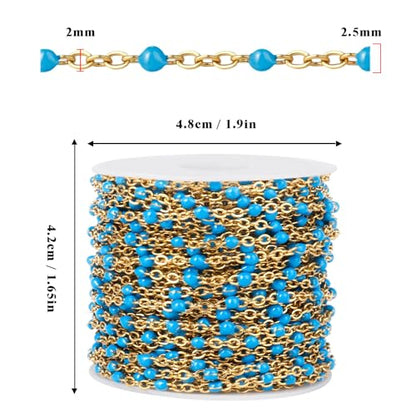 33FT 2mm Gold Cable Chains Light Blue Enamel Chains Bulk for Jewelry Making | 18K Gold PVD Plated Stainless Steel Enamel Beaded Chains Roll for Necklace Bracelet - color: Gold Light Blue Beads