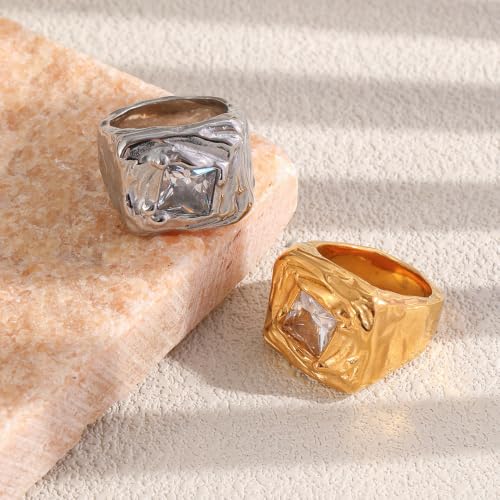 Fashion Square CZ Chunky Statement Ring for Women Size 7 | Stainless Steel, Hammered Textured, Rough, Geometric Crystal, Wide Stacking, Wedding Engagement Eternity Band, Dainty Jewelry - color: Silver