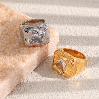 Fashion Square CZ Chunky Statement Ring for Women Size 7 | Stainless Steel, Hammered Textured, Rough, Geometric Crystal, Wide Stacking, Wedding Engagement Eternity Band, Dainty Jewelry - color: Gold