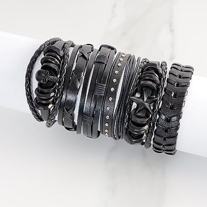 MILAKOO 6Pcs Punk Leather Bracelets for Women Men Braided PU Wristband Skull Skeleton Accessories - color: D: Black