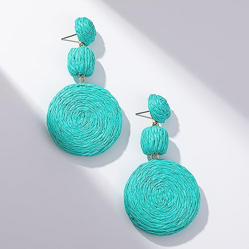 Statement Raffia Boho Round Dangle Ball Earrings - Cute Handmade Summer Bohemian Dangling Jewelry for Women - color: Teal