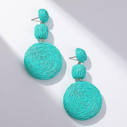 Statement Raffia Boho Round Dangle Ball Earrings - Cute Handmade Summer Bohemian Dangling Jewelry for Women - color: Teal