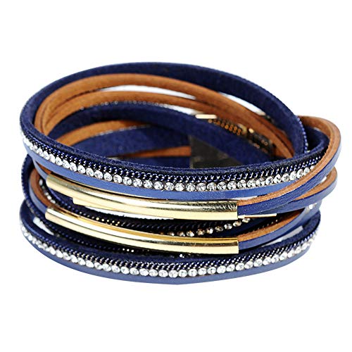 Artilady Leather Wrap Bracelet for Women, Pearl Beaded Bangle Stack Jewelry | Easy on-off, Elegant Handmade Multi-Layered, Daily Casual Date Beach Vacation, Gift for Ladies, Mother, Sister & Friend - style: Blue with Gold bar