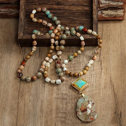 Yomisa Long Necklaces for Women Trendy, 33/34/35 inch | Boho Beaded Necklaces for Women, Natural Stone Pendant, Handmade Knotted Bead, Bohemian Holiday Summer Western Charm Jewelry - color: 35inch-Agalmatolite
