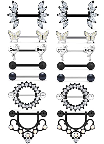 Cisyozi Butterfly Nipple Rings 14G Nipple Piercing Jewelry Stainless Steel Nipple Tongue Ring Barbell Piercing Jewelry for Women 14mm Silver Black Purple Rose Gold 7Pairs - color: 14G(1.6mm) Black Set