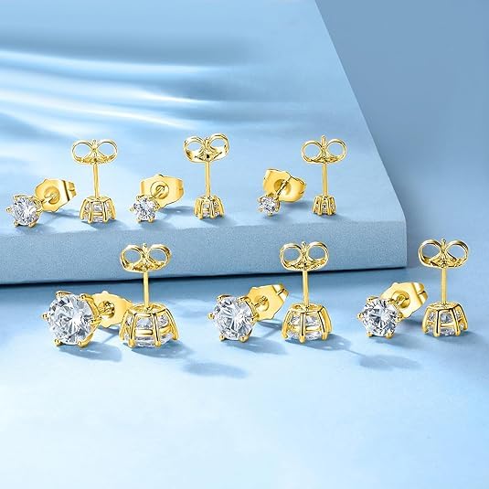18K Gold Plated Round Princess Cut Clear Cubic Zirconia Stud Earring of 6 Pairs - color: C-gold