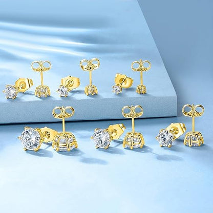 18K Gold Plated Round Princess Cut Clear Cubic Zirconia Stud Earring of 6 Pairs - color: C-gold