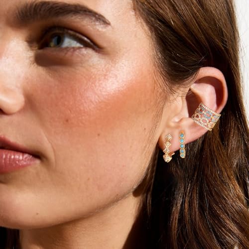 Chunky Ear Cuff Earrings for Women Single | Non Piercing, Clip On, 14K Gold Plated, Cubic Zirconia, Hypoallergenic, Jewelry Gifts - style: Turquoise