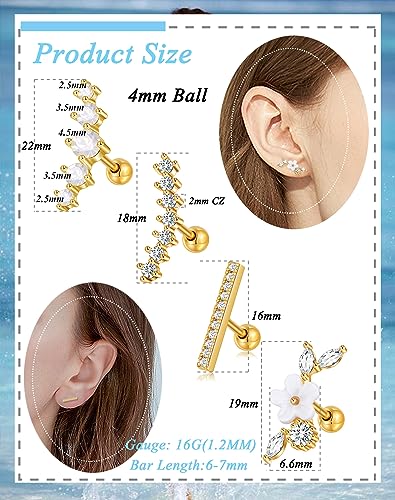 Tornito 9-30Pcs Cartilage CZ Stud Earrings Conch Forward Helix Tragus Daith Piercing Lip Rings Snake Heart Butterfly Jewelry for Women Men 16G Silver Gold Tone - color: A2: 9pcs, Gold Tone
