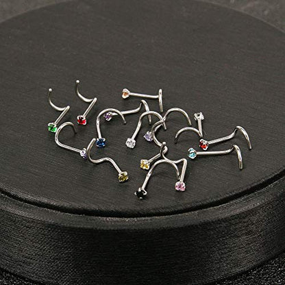 ZS 6-14PCS 20g Tiny Nose Stud Ring Piercing Surgical Steel Nose Bone/L Shaped/Nose Screws Rings Set - color: C:14pcs Nose Screws Style(Mixed Color)