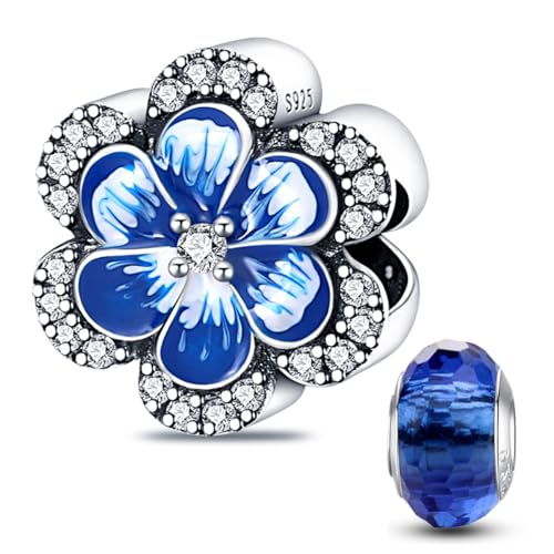 HappyStar 925 Sterling Silver Animal Dogs Charms Pendants fit Pandora Bracelets Necklaces Flowers Sports Travel Charms for Bracelets Women Jrwelry Gifts(with one Spacer Bead Charms) - style: 6-Blue Flower Beads