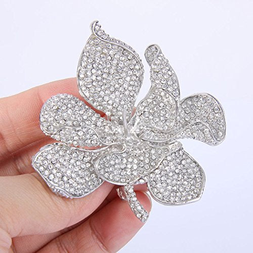EVER FAITH Women's Austrian Crystal Orchid Flower Petal Brooch - color: Clear Silver-Tone
