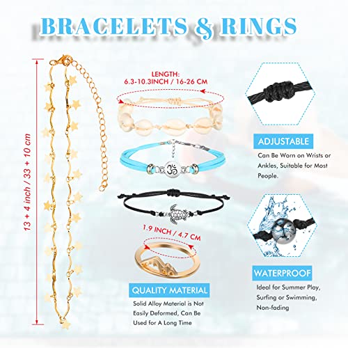 Batiyeer 60 Pcs Boho Surfer Wave Bracelet and Necklace Set for Women, Summer Beach Y2k Layered Choker Anklets Knuckle Rings - style: Boho