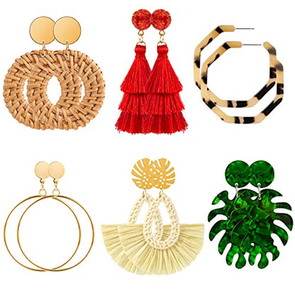 Ponpon 6-18 Pairs Earrings for Women, Lightweight Summer Earrings Straw Earrings Fashion Geometric Statement Hoop Dangle Drop Earrings for Women - style: Style A - 6 Pairs