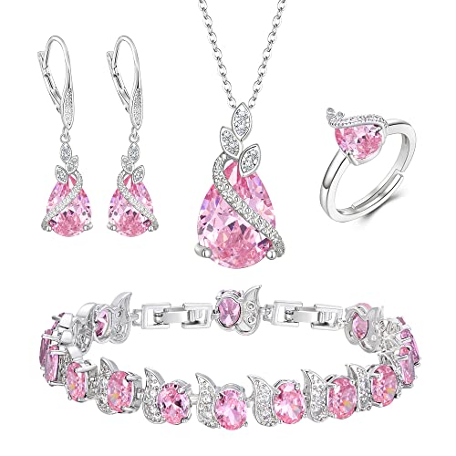 Jewelry Set for Bride, Sparkling Water Drop Cubic Zirconia Crystal Pendant Necklace Leverback Earrings Tennis Bracelet Adjustable Ring Gift for Wedding/Birthday/Mother's Day/Christmas - color: 03-Pink Silver-Tone