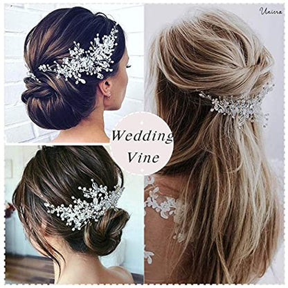 Bride Flower Wedding Hair Vine Crystal Bridal Hair Piece Rhinestone Party Hair Accessories Leaf Hair Jewelry Bead Headpiece for Women - color: Silver