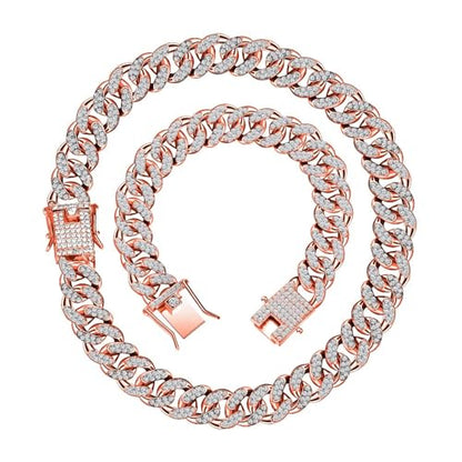 Hicarer 2 Pieces Cuban Link Chain for Men Women Cuban Necklace Bracelet Heavy Strong Link Chain Bling Unisex - color: Rose Gold, size: 17.72 Inch, 7.87 Inch