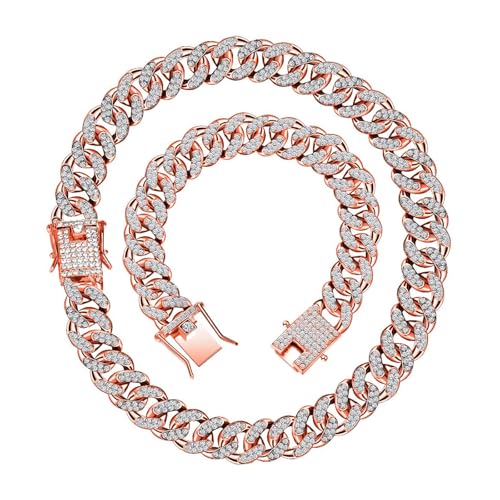 Hicarer 2 Pieces Cuban Link Chain for Men Women Cuban Necklace Bracelet Heavy Strong Link Chain Bling Unisex - color: Rose Gold, size: 17.72 Inch, 7.87 Inch