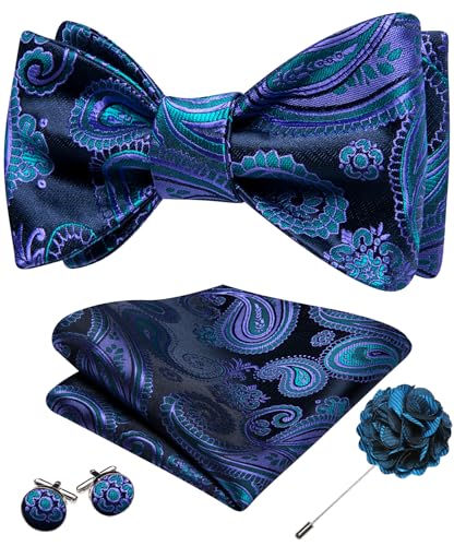 YOHOWA Bow Ties for Men Self-tied Silk Bowtie Solid Color with Lapel Pin and Handkerchief Cufflinks for Wedding Party Prom - color: Dark Blue Purple
