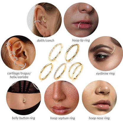 FUNLMO 3Pcs Nose Rings Double Hoop Nose Ring Conch Daith Tragus Helix Rook Piercing Jewelry Surgical Steel Cartilage Earring Conch Hoop Earring Septum Jewelry Lip Ring - color: Style 3: Gold,5pcs