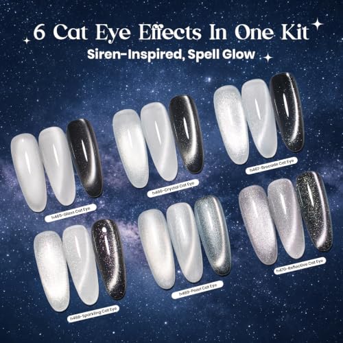 Beetles Silver Cat Eye Gel Nail Polish Set, Dusted Galaxy 6 Colors Magnetic Glass, Crystal, Pearl, Reflective & Glitter Silver Cat Eye Gel Polish Set with 2 Magnets, DIY Color Card for UV - color: A - Silver Cat Eye | Dusted Galaxy