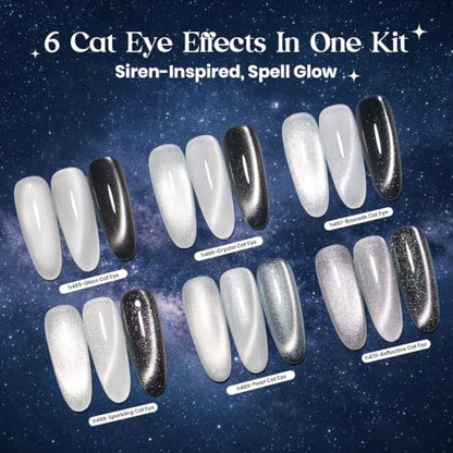 Beetles Silver Cat Eye Gel Nail Polish Set, Dusted Galaxy 6 Colors Magnetic Glass, Crystal, Pearl, Reflective & Glitter Silver Cat Eye Gel Polish Set with 2 Magnets, DIY Color Card for UV - color: A - Silver Cat Eye | Dusted Galaxy