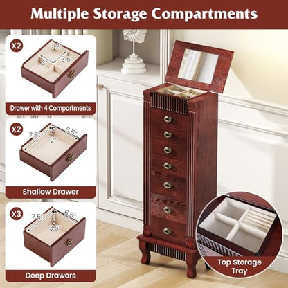 Giantex Standing Jewelry Cabinet with 7 Drawers, Flip-Top Mirror, 2 Side Doors with 12 Necklace Hooks, Divided Ring Compartments, Velvet-Lined Jewelry Armoire Organizer Chest (Cherry) - color: Cherry