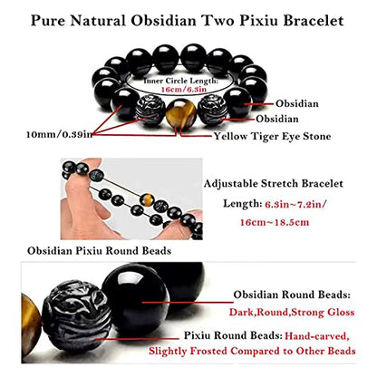 Black Obsidian Bracelet,Feng Shui Black Obsidian Wealth Bracelet for Women Men Couples Handmade Stretch Obsidian Bracelet Bangle with Carved Pixiu Tiger Eye Stone Attract Wealth Money and Good Luck - color: E,10mm,Yellow Tiger Eye