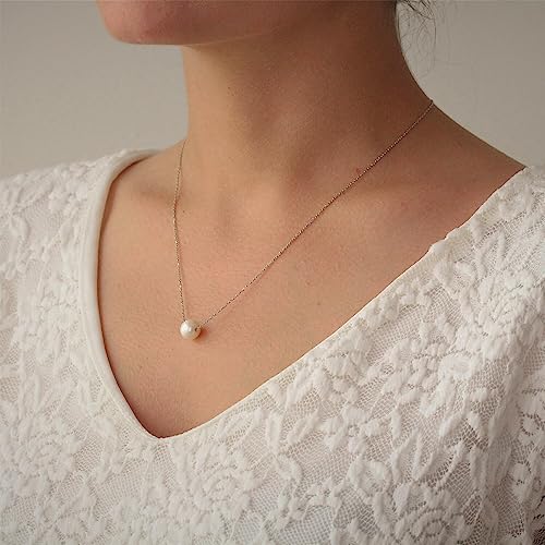 DIBOLA Dainty Pearl Necklaces for Women 14K Gold/Silver Plated Cute Single Pearl Necklace Elegant Small Tiny Pearl Choker Thin Chain Necklace Simple White Pearl Drop Y Long Necklace Freshwater Pearled Pendant Necklace Pearls Jewelry Gift - color: Single P