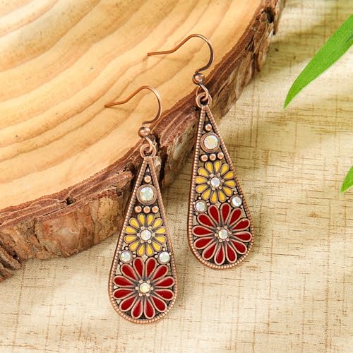 Bohemian Crystal Teardrop Dangle Earrings, Copper, Tribal Geometric Design, Handmade National Style for Women - color: Red