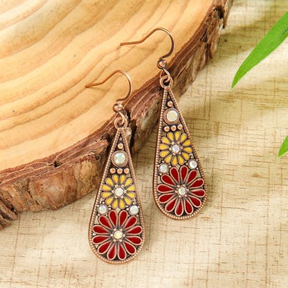 Bohemian Crystal Teardrop Dangle Earrings, Copper, Tribal Geometric Design, Handmade National Style for Women - color: Red