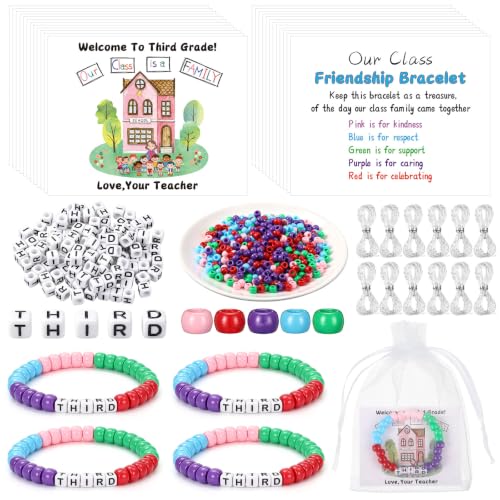 Tondiamo 24 Sets 3rd Grade Back to School Gifts Friendship Bracelet Making Kit for Students Include Our Class is a Family Greeting Cards Beads Strings Bags DIY Kit for First Day of School Classroom - style: 3rd Grade