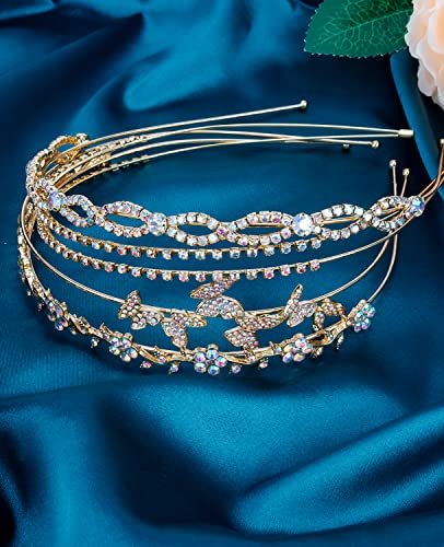 Wecoe 4 Pack AB Rhinestone Headbands Gold Metal Headbands Flower Girl Bridal Wedding Headband Crystal Headpieces Flower Leaf Butterfly Headband Formal Hair Accessories For Women Girls Gifts - color: Gold band & AB rhinestones