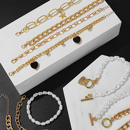 IFKM 6 PACK (24 PCS) Boho Gold Chain Bracelets Set for Women, 14K Gold Plated Multiple Layered Stackable Open Cuff Wrap Bangle Adjustable Link Italian Cuban Jewelry for Women Gift - style: 22PCS GOLD BRACELET