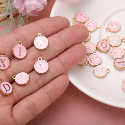 uxcell 52pcs Letter Charm, Enamel Letter Pendants, Alphabet l Pendants Double Sided Beads Charm for DIY Bracelet Necklace Pendants Earring Jewelry, Pink