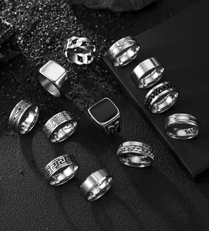 CASDAN 12Pcs Stainless Steel Vintage Signet Rings for Men | Silver Square Pinky Thumb Chunky Thin Band Ring,High Polished Men Ring ,Vintage Spinning Biker Band Rings Set 7-13