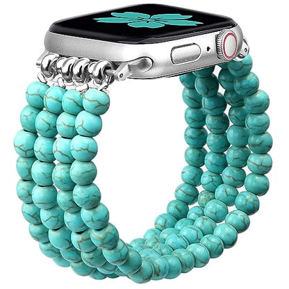 Newlibery Natural Stone Bracelet Beaded-Bands Women Compatible with Apple Watch 38mm 40mm 41mm 42mm (S10/11) Feminine Cute Handmade Stretch Strap for iWatch Series 11/10/9/8/7/6/5/4/3/2/1 SE 3/2/1 - color: B1 Matt Green Turquoise, size: 38/40/41/42mm(s10/