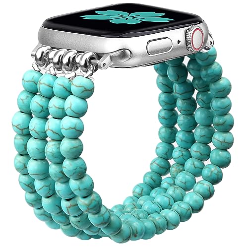 Newlibery Natural Stone Bracelet Beaded-Band Women Compatible with Apple Watch 42mm(S3/2/1) 44/45/46/49mm Feminine Handmade Stretch Strap for iWatch Series 11/10/9/8/7/6/5/4/3/2/1 SE 3/2/1 Ultra1/2/3 - color: B1 Matt Green Turquoise, size: 46(s10/11)/49/4