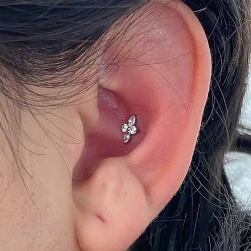 FINE4U 1PC ASTM F136 Titanium 16G Flatback Stud for Tragus, Helix, Conch 6mm 8mm - Screw on Cartilage Earring Piercing Jewelry - color: Four-Pointed Star C - Tit