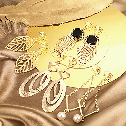 Hicarer 12 Pairs Clip on Earrings Dangle Drop Dangle Earrings Set Bohemian Tassel Pendant Plated Ear Non Piercing for Women Jewelry Gifts Wedding Party - color: Golden