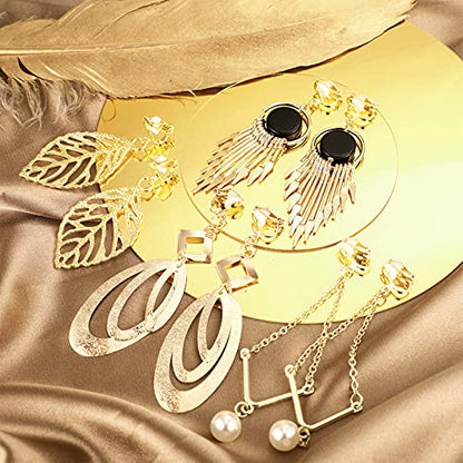 Hicarer 12 Pairs Clip on Earrings Dangle Drop Dangle Earrings Set Bohemian Tassel Pendant Plated Ear Non Piercing for Women Jewelry Gifts Wedding Party - color: Golden